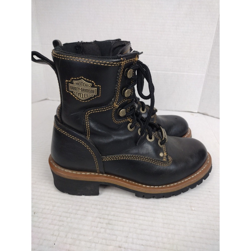 Harley Davidson Leather Riding Work Boots Womens 6.5 Black Moto Ankle Hook Zip - Picture 5 of 9